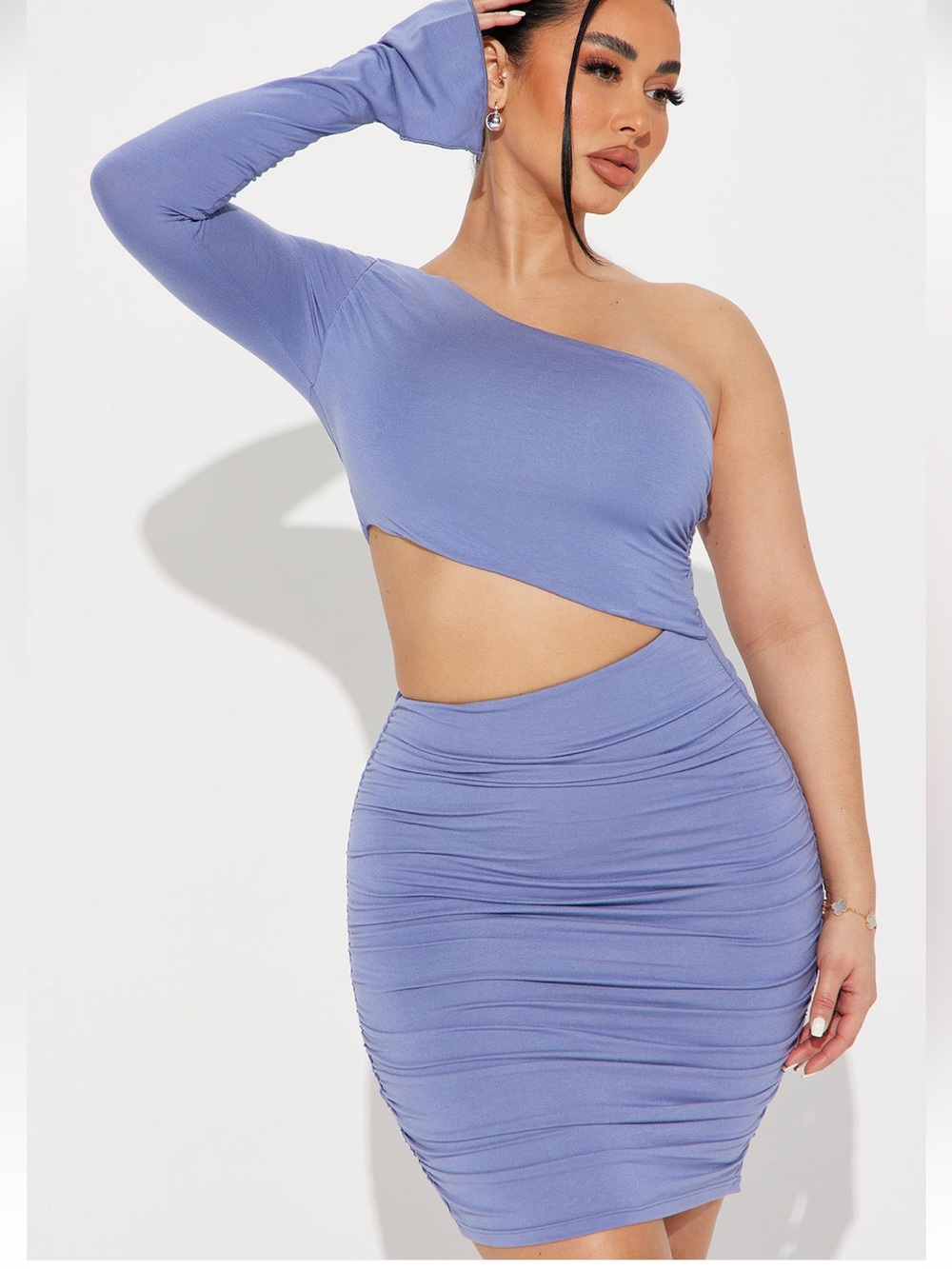 NWOT Fashion Nova Periwinkle One-Shoulder Cutout Ruched Bodycon Dress